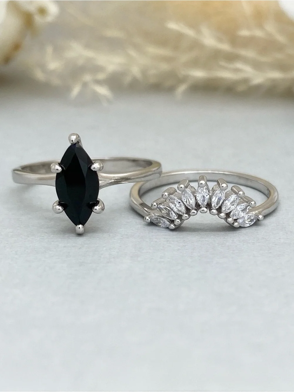 Black CZ Marquise Cut 2pc Sterling Silver Solitaire Stacking Band Ring Set